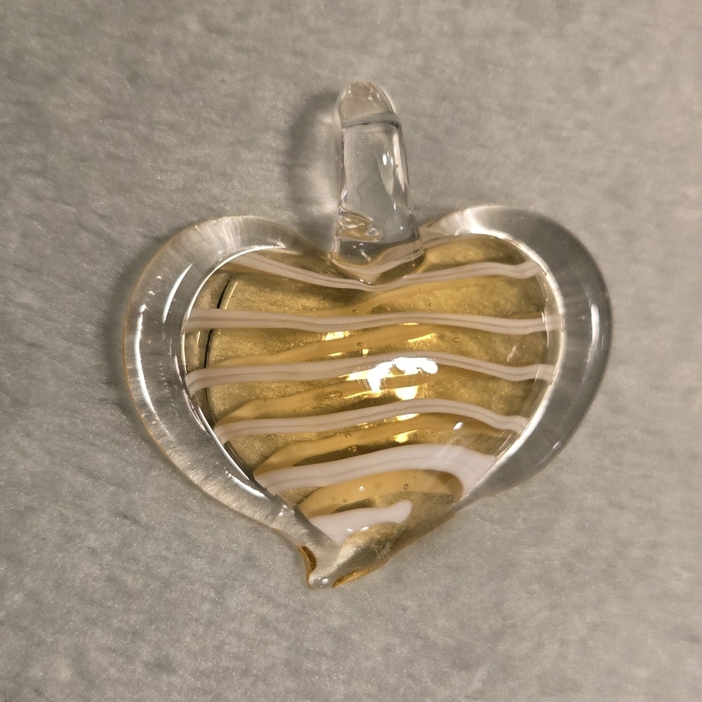 💛 Handblown Glass Heart Pendant ~ Golden & White Swirl Artisan Necklace Charm